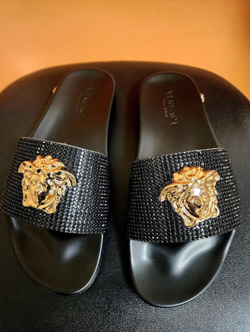 Versace Black Crystal Medusa Slide Sandals with Gold Emblem